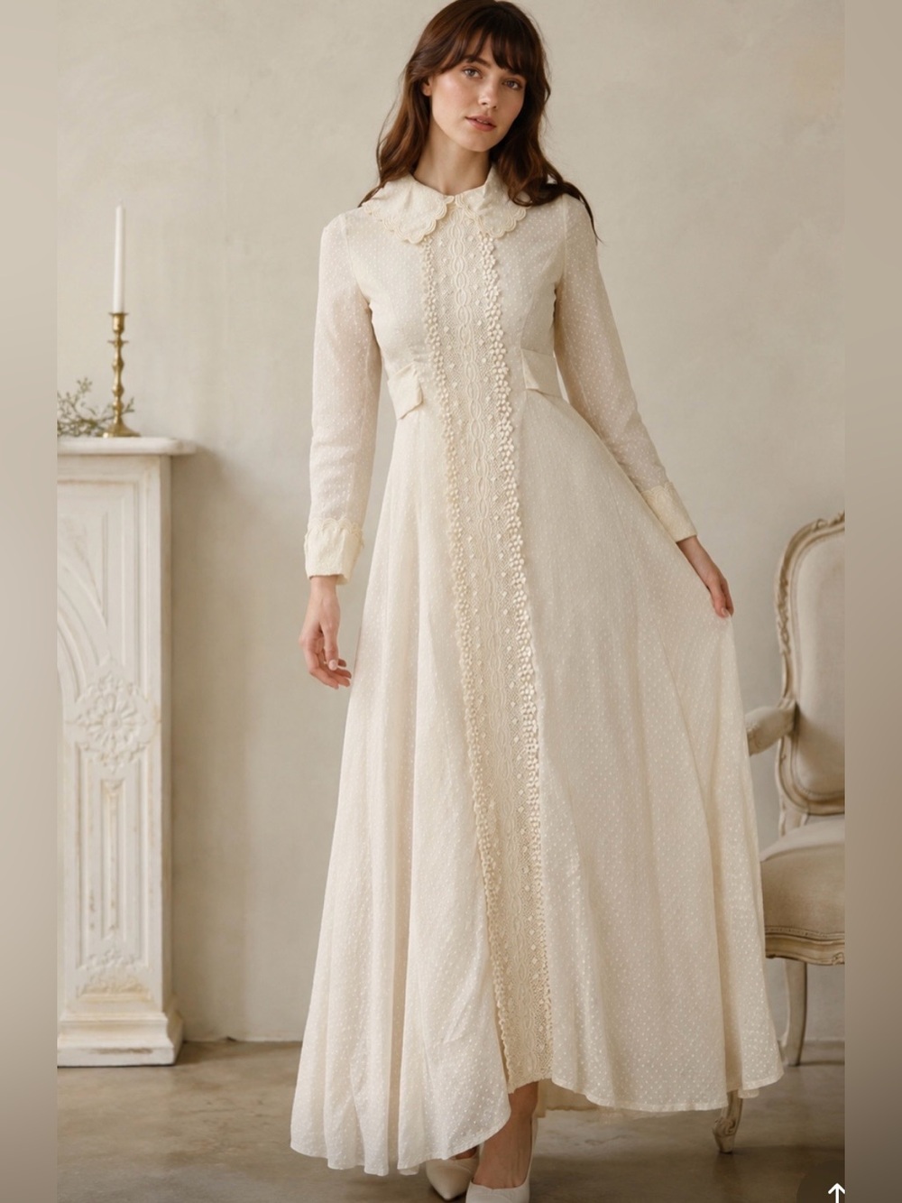 Vintage House of Bianchi Folk Ivory Cottagecore Long Sleeve Wedding Dress SMALL
